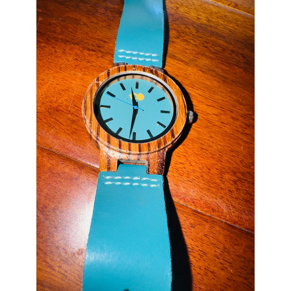 Wood Zebrawood Watch Unisex OS Teal Green Excellent Minimalist Leather Strap